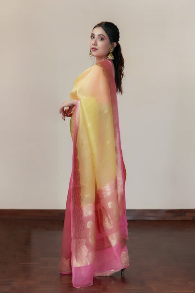 HANDWOVEN PINK-YELLOW ORGANZA SAREE