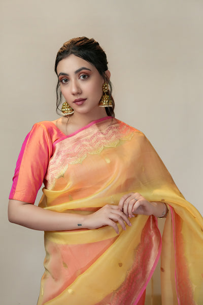 HANDWOVEN PINK-YELLOW ORGANZA SAREE