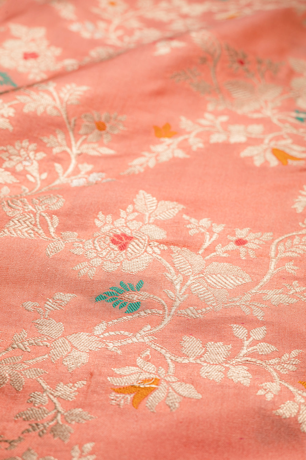 HANDWOVEN PEACH MEENAKARI SILK FABRIC